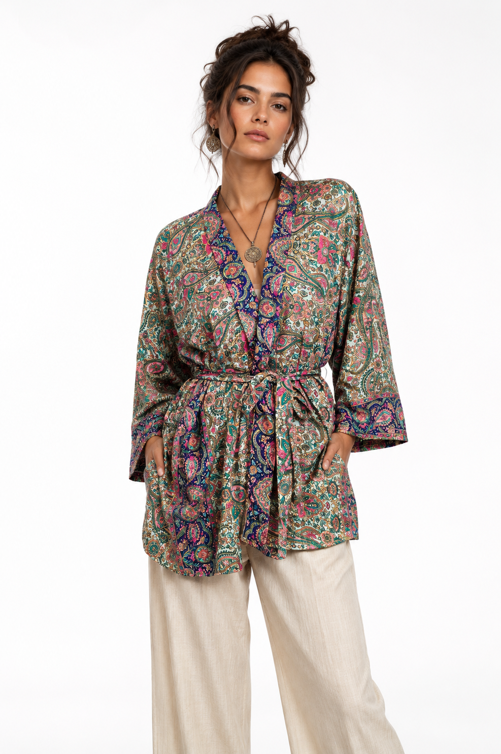Royal Paisley Satin Silk Kimono Top