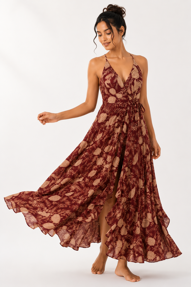 Rust Bloom Wrap Maxi Dress