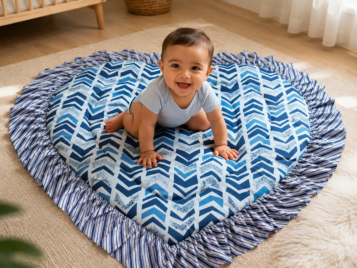 Heart Quilted Baby Mat — Indigo Chevron