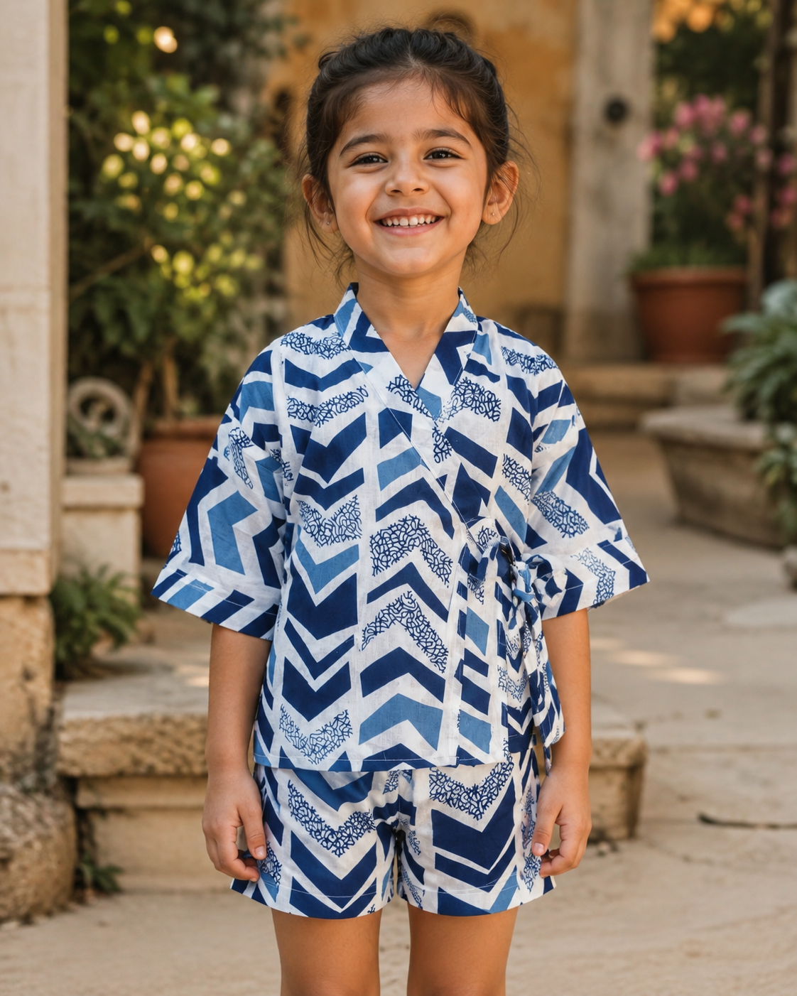 Cotton Kimono Set — Indigo Chevron