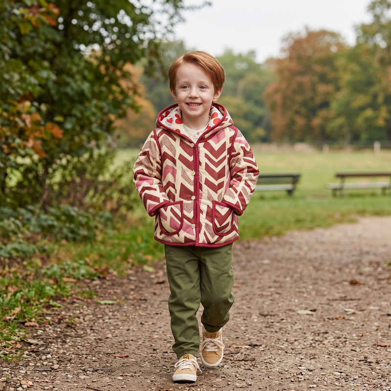 Reversible Quilted Hooded Jacket — Red Heart & Rosewood Chevron