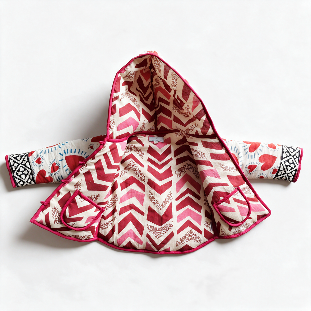 Reversible quilted hooded jacket for kids, Red Heart and Rosewood Chevron