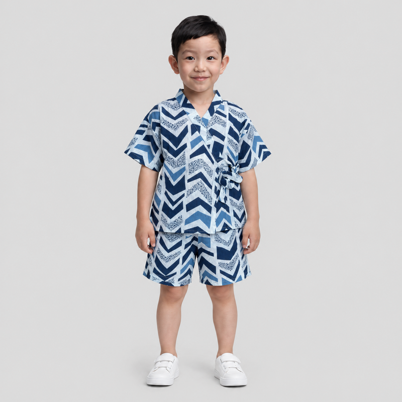 Cotton Kimono Set — Indigo Chevron