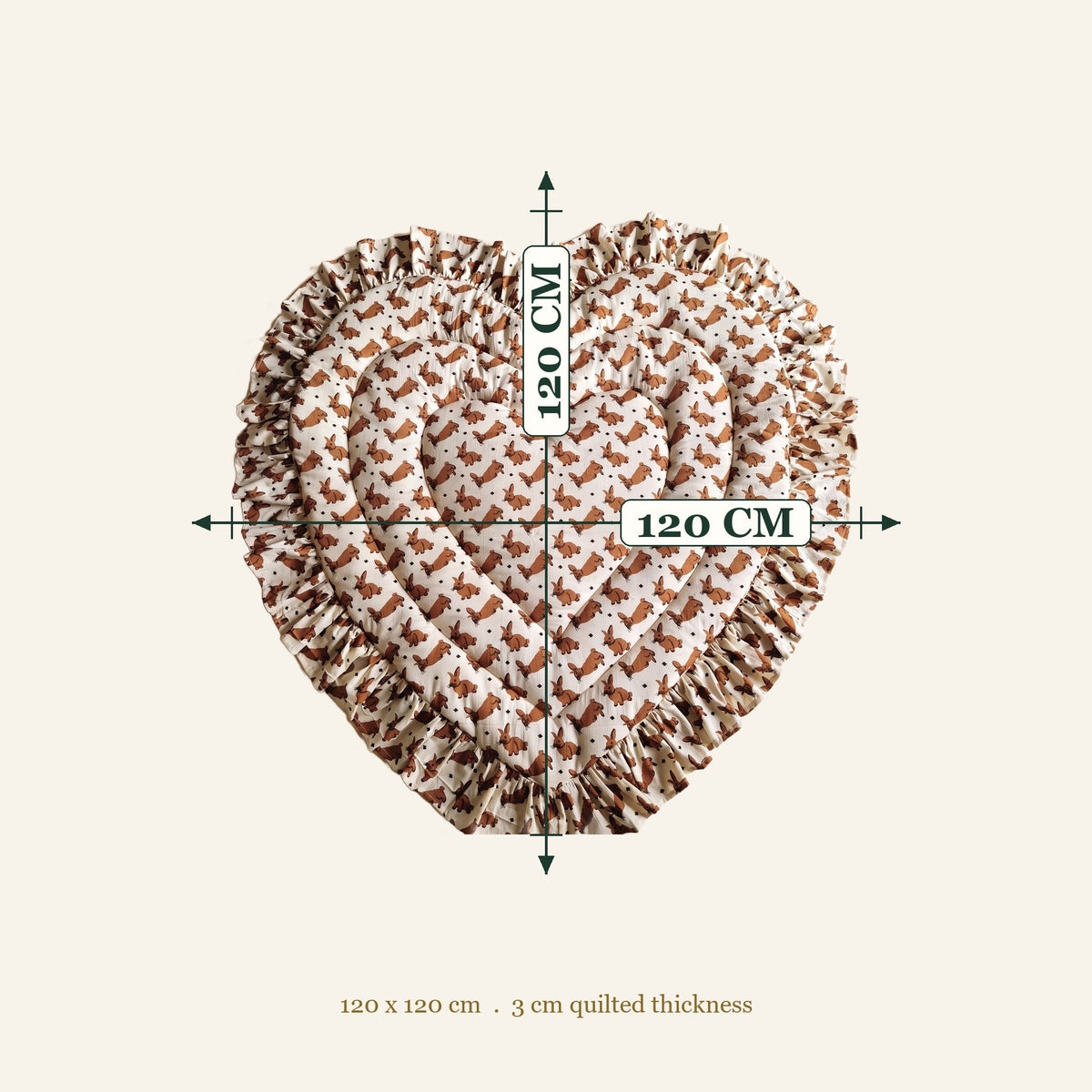 Size chart: Heart Quilted Baby Mat measures 120 x 120 cm with 3 cm quilted thickness, woodland bunny print