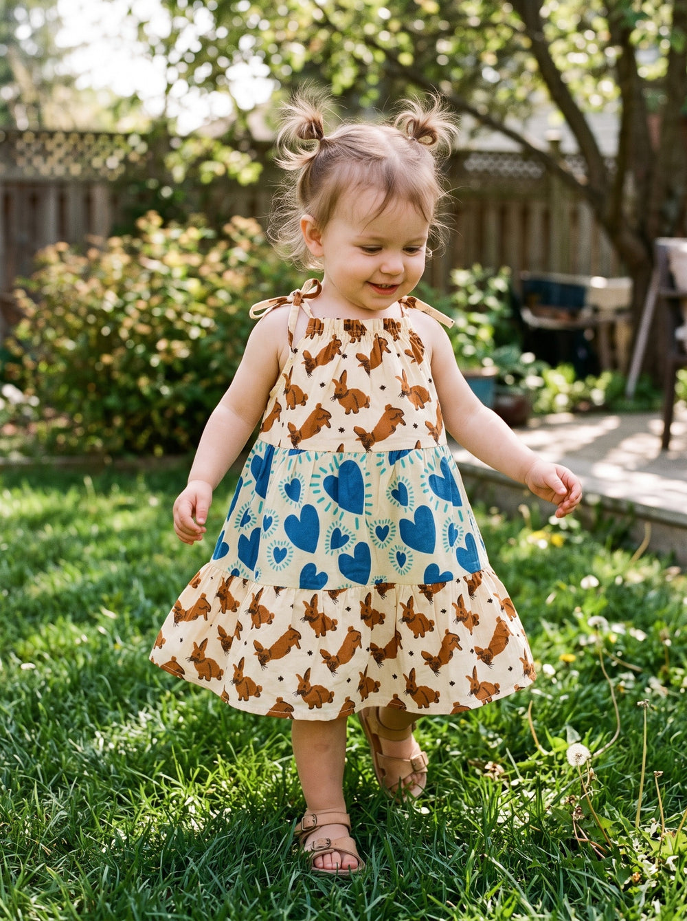 Woodland Bunny twirl dress on a wooden hanger