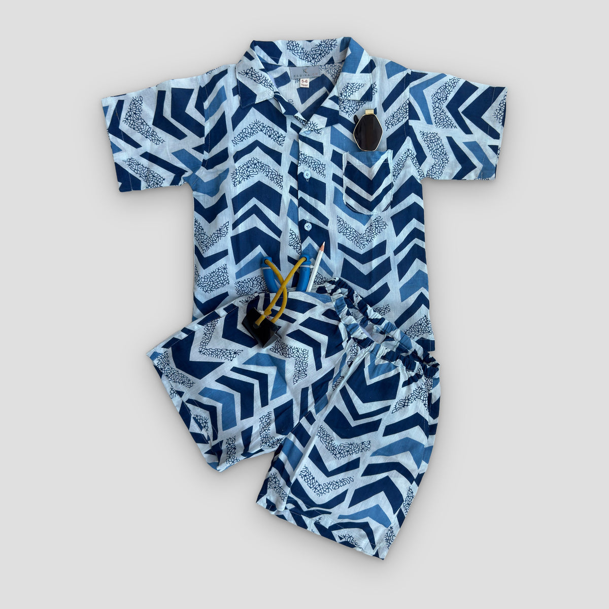 Cotton Co-Ord Set in Indigo Chevron, real photo
