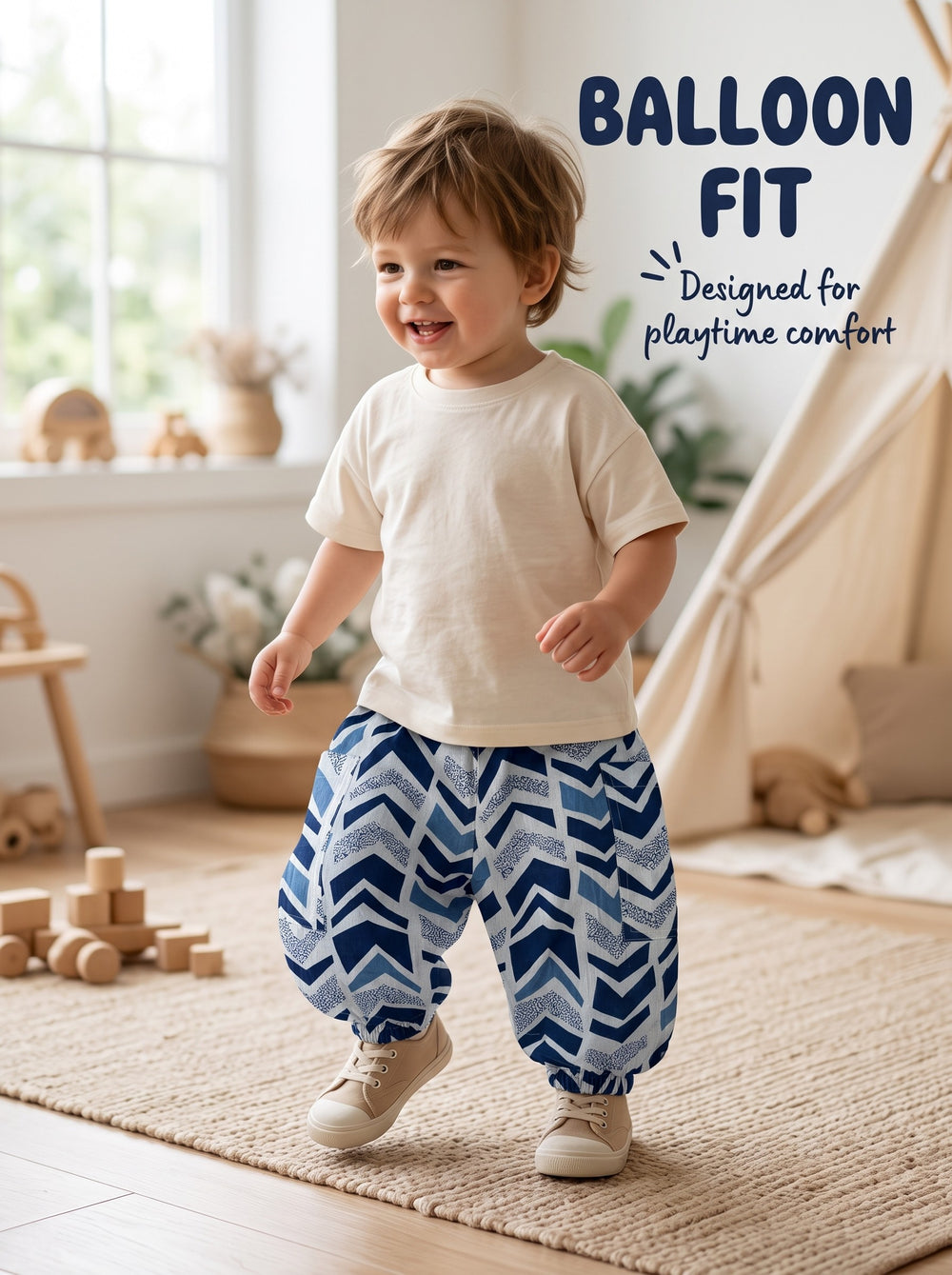Indigo Chevron balloon-fit cotton pants on a toddler (styled image)