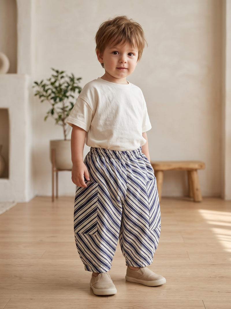 Toddler in the Navy Stripe balloon-fit cotton pants (styled image)