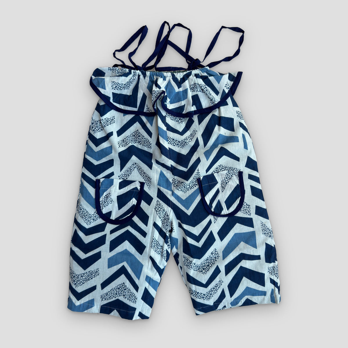 Double-layer Cotton Jumpsuit in Indigo Chevron, real photo: chevron side, flat