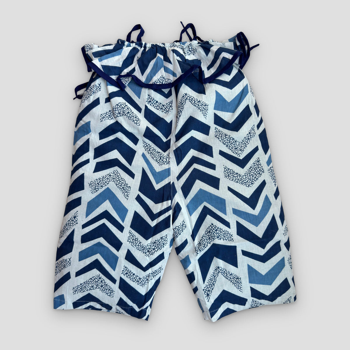 Double-layer Cotton Jumpsuit in Indigo Chevron, real photo: chevron side, flat