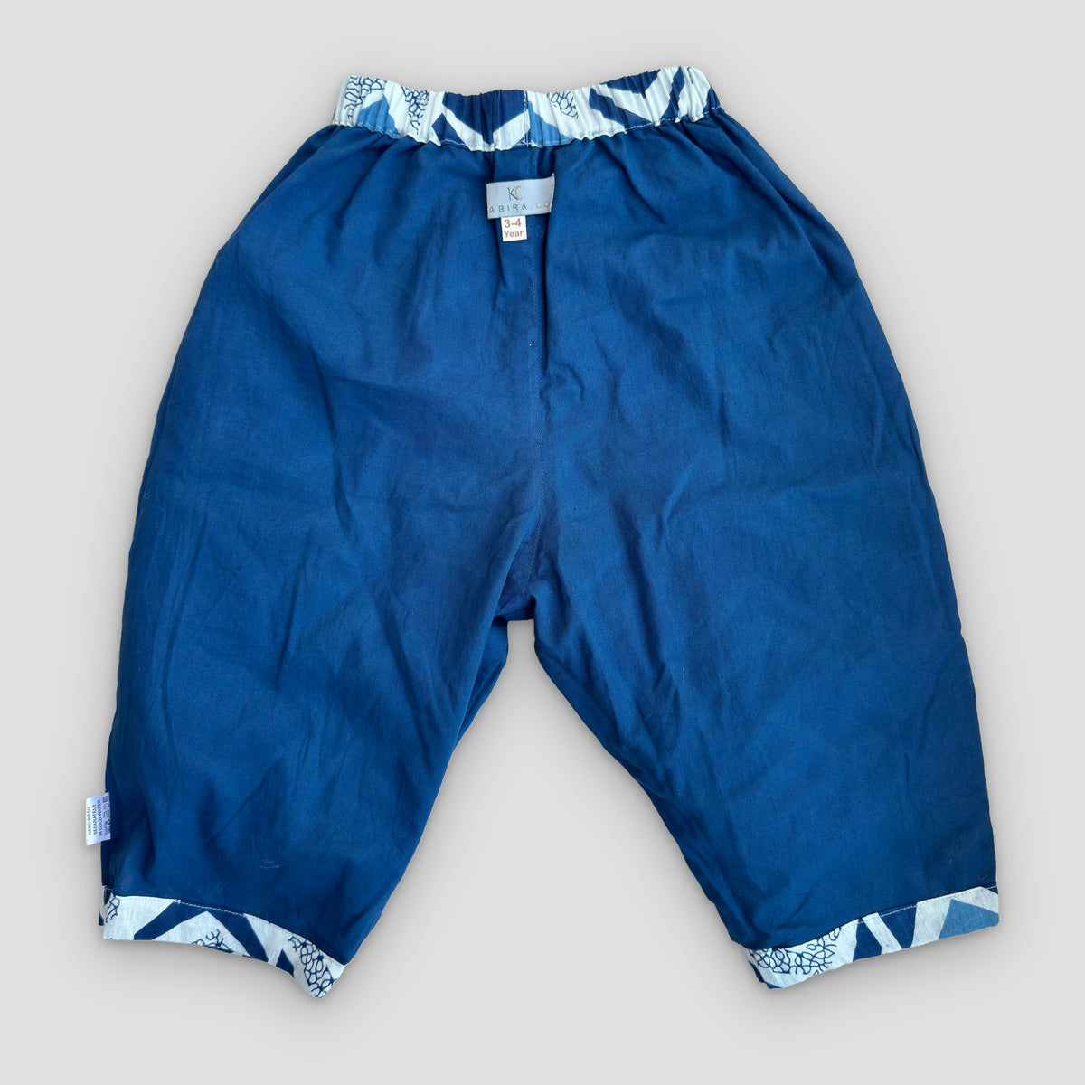 Double-layer Cotton Pant in Indigo Chevron, real photo: inside layer: solid blue, chevron cuffs