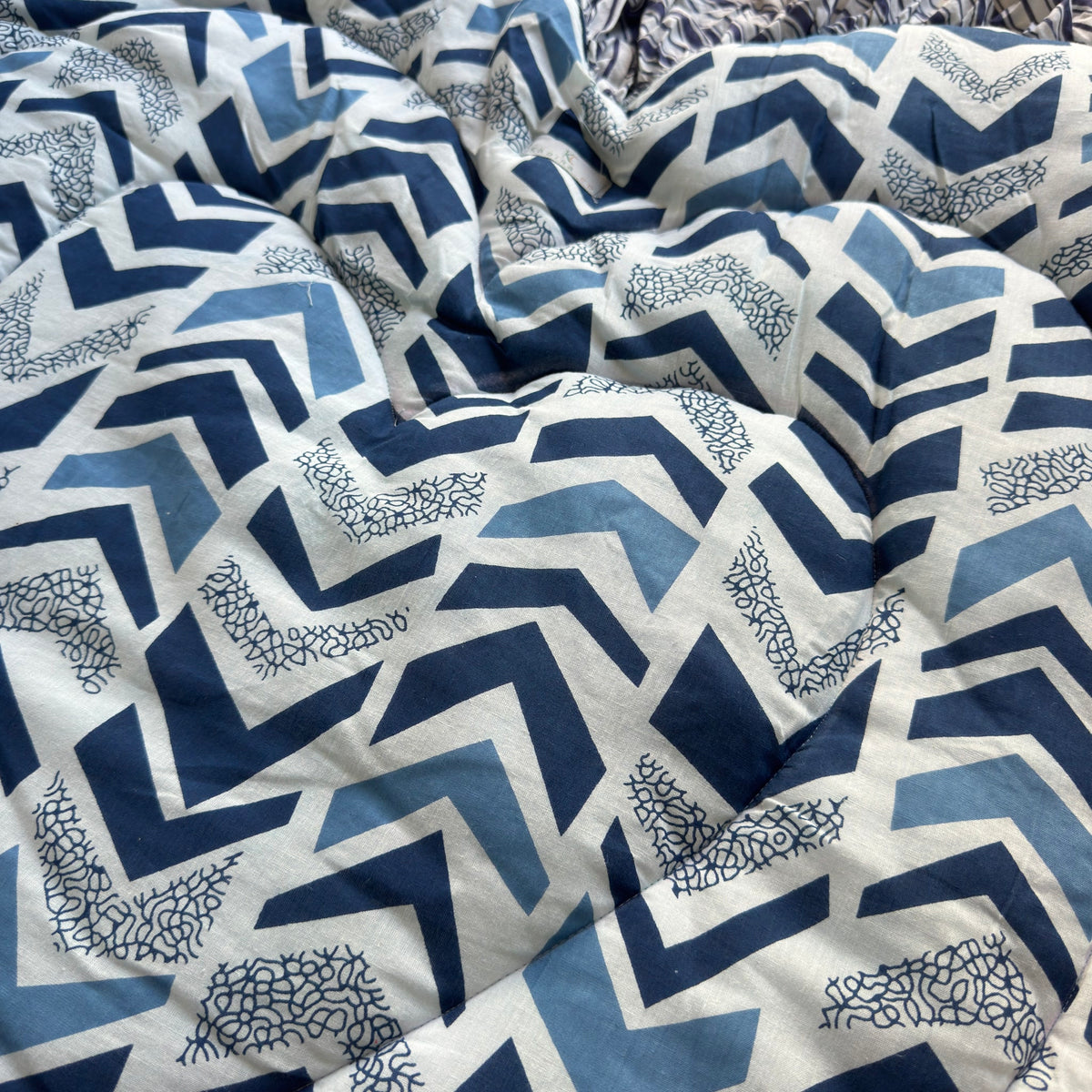 Close-up of the navy and blue chevron print on the quilted mat