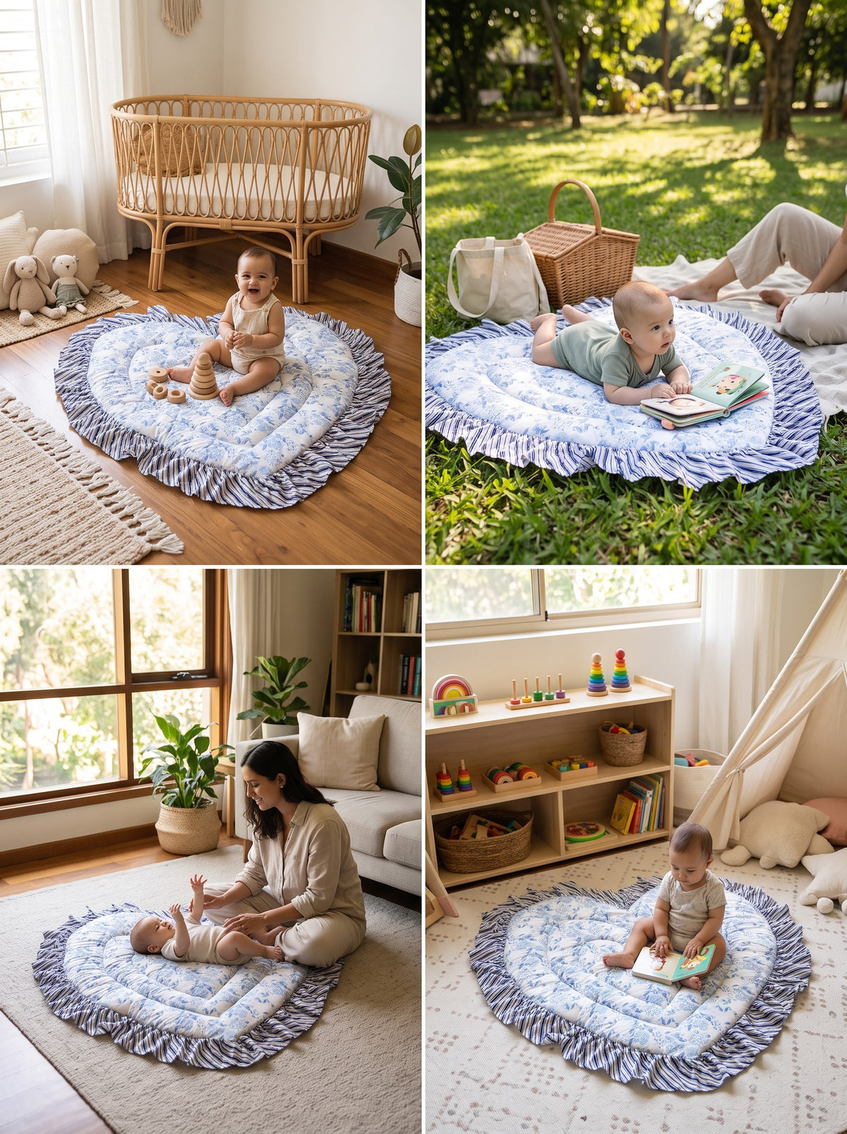 Blue Floral heart play mat indoors and outdoors, four uses (styled image)