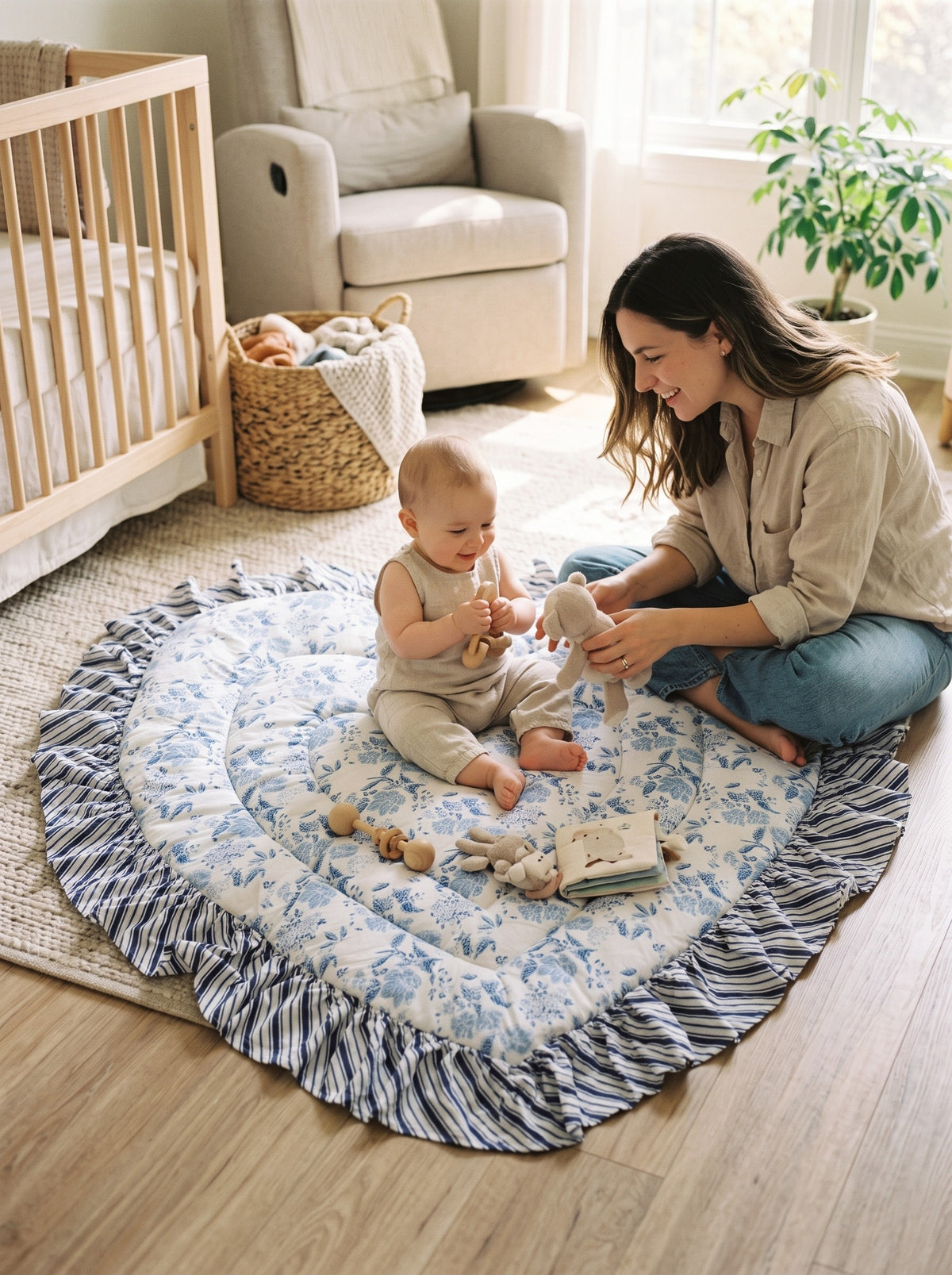 Baby sitting on the Blue Floral heart play mat (styled image)