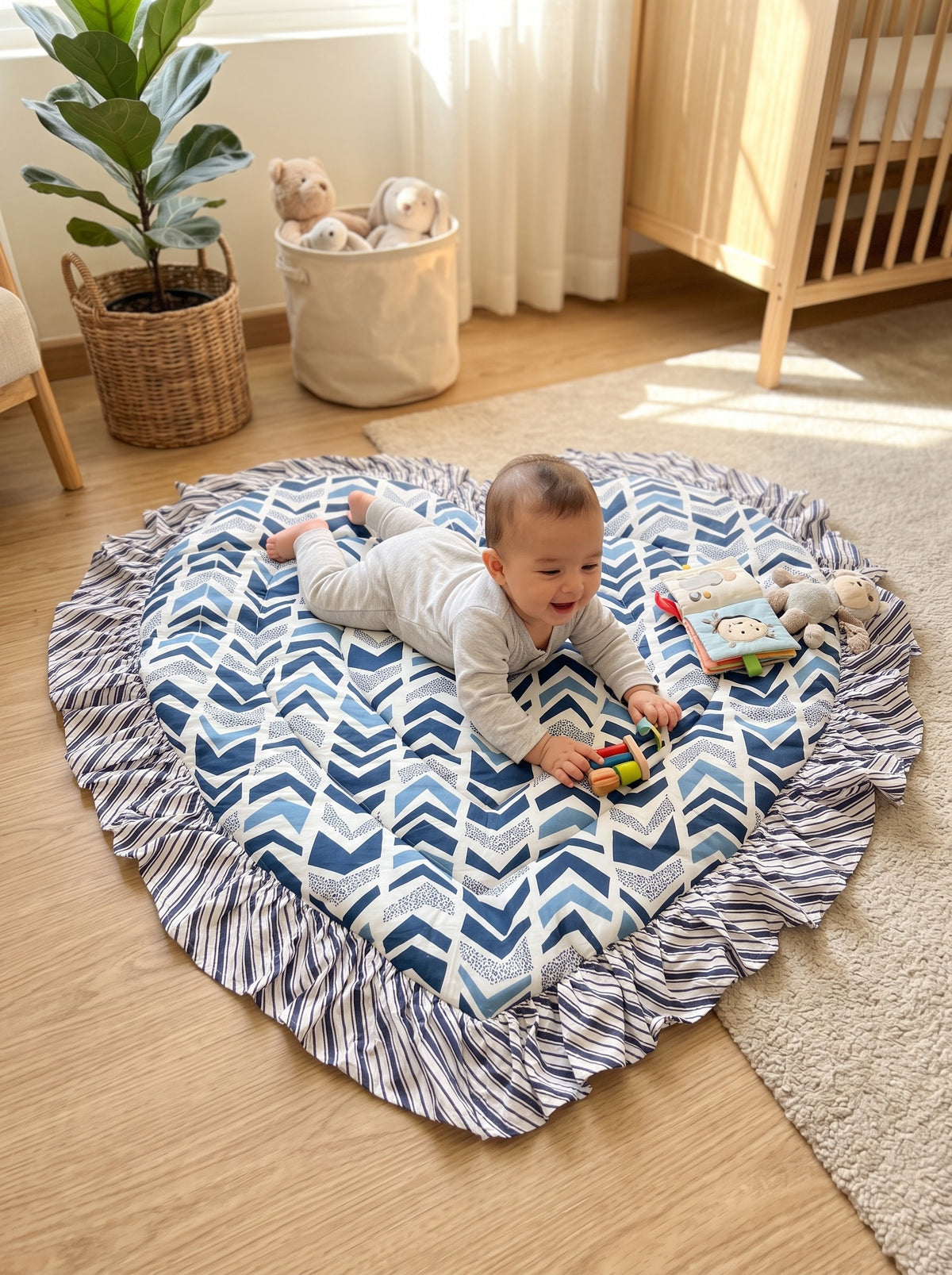 Baby on the Indigo Chevron heart play mat in a nursery (styled image)