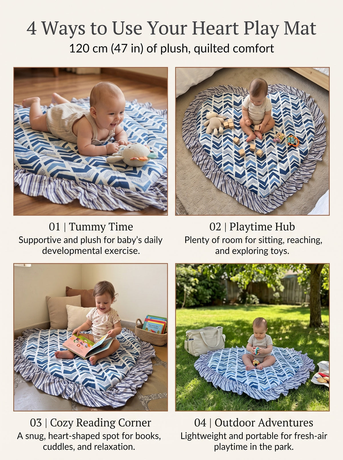 Four ways to use the 120 cm Indigo Chevron heart play mat (styled image)
