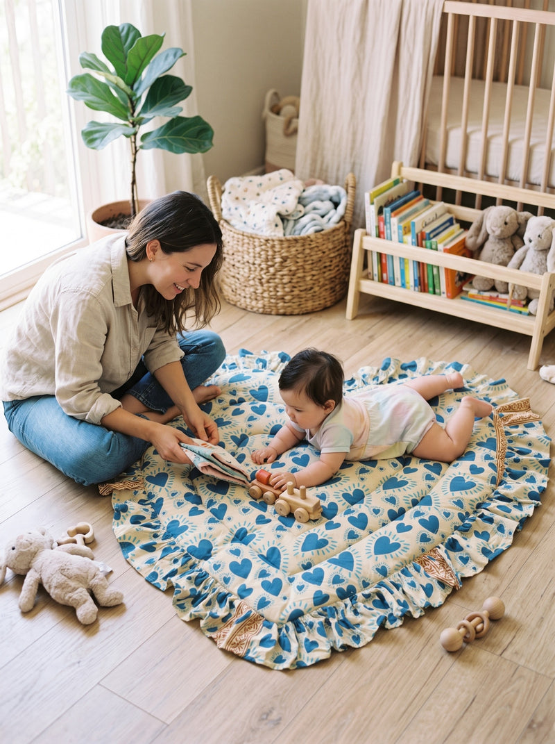 Parent and baby on the Indigo Hearts heart play mat (styled image)