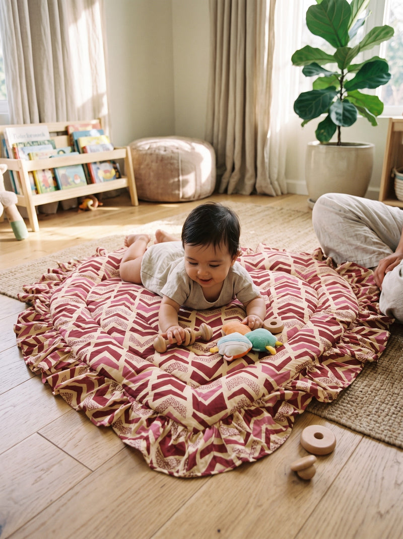 Baby on the Maroon Chevron heart play mat (styled image)