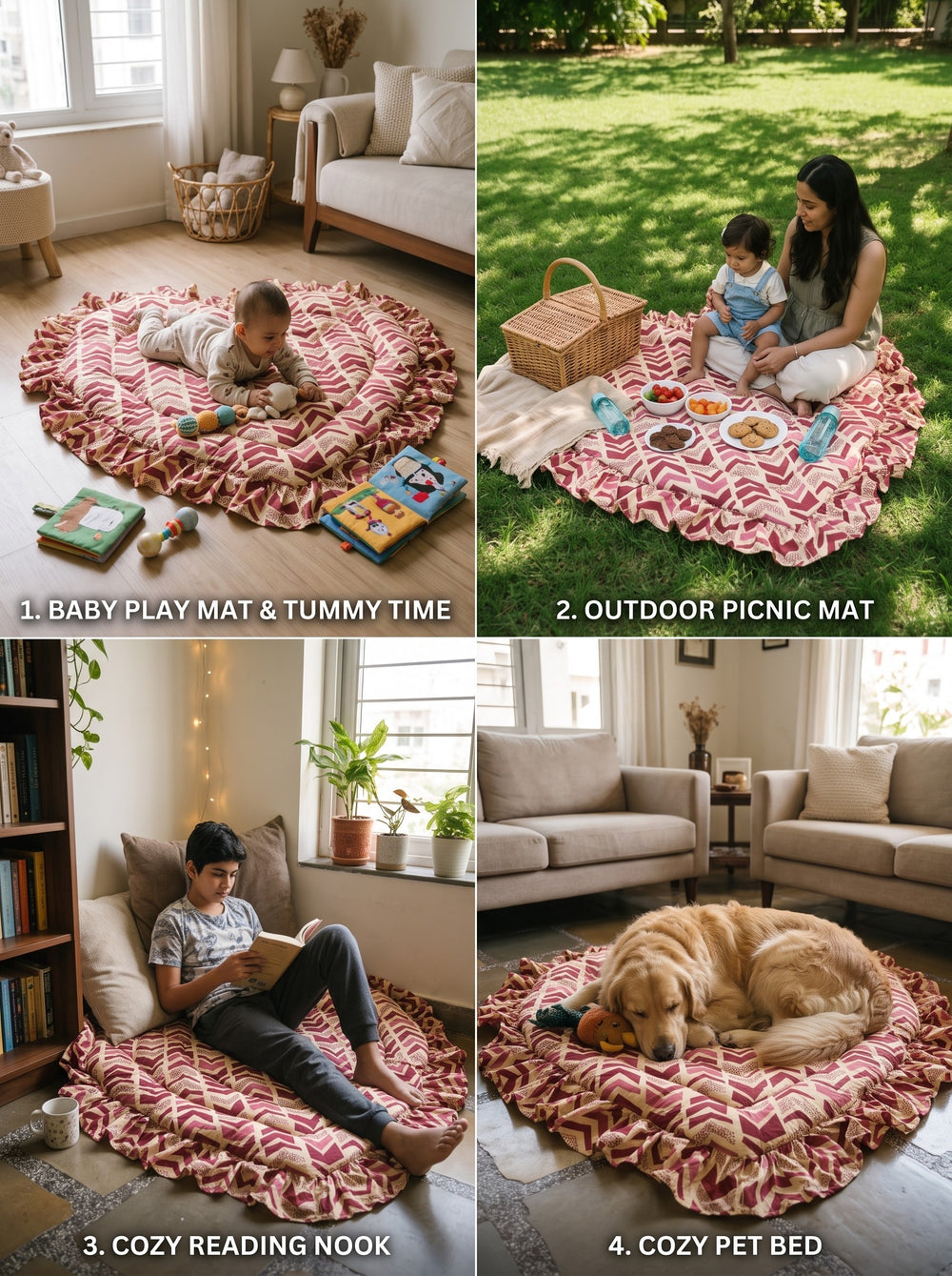 Maroon Chevron heart play mat, four uses (styled image)