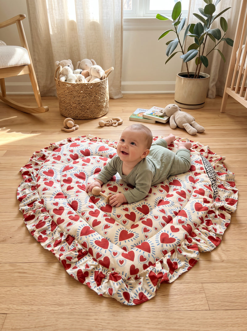 Baby doing tummy time on the Red Heart heart play mat (styled image)