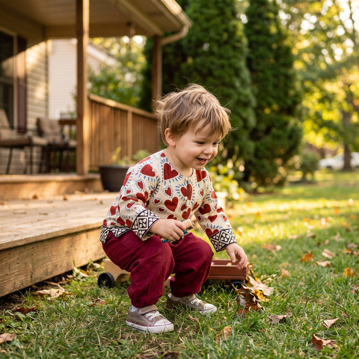 Child in the Red Heart kurta set outdoors (styled image)
