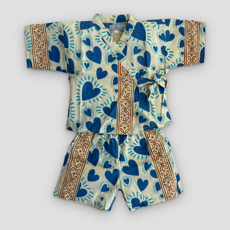 Cotton Kimono Set in Blue Heart, real photo