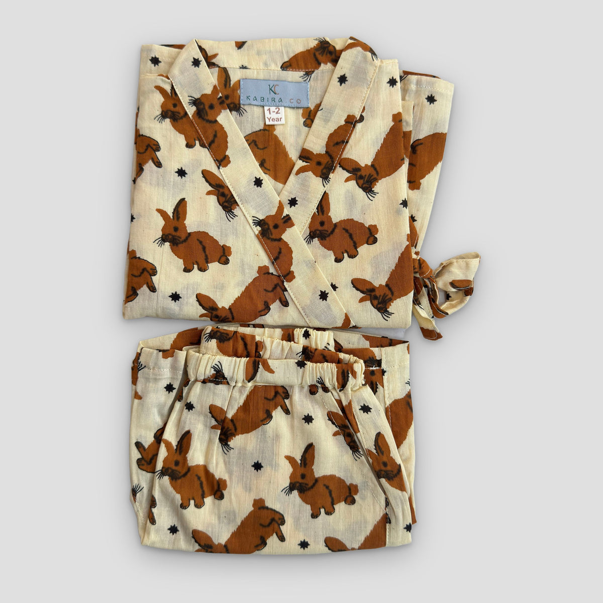 Cotton Kimono Set in Woodland Bunny, real photo