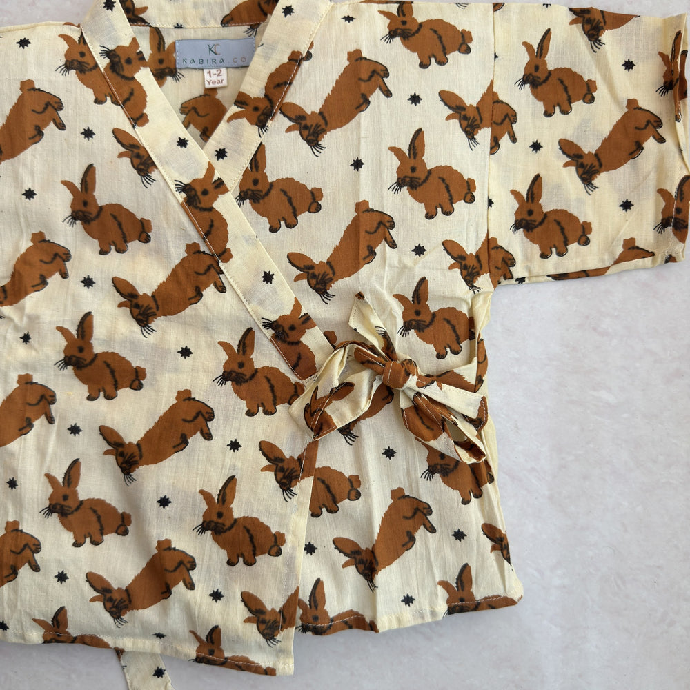 Cotton Kimono Set in Woodland Bunny, real photo