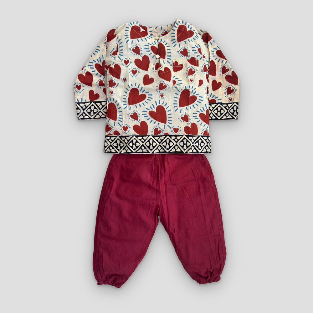 Kids Cotton Kurta Set in Red Heart, real photo: kurta + maroon pant flat lay