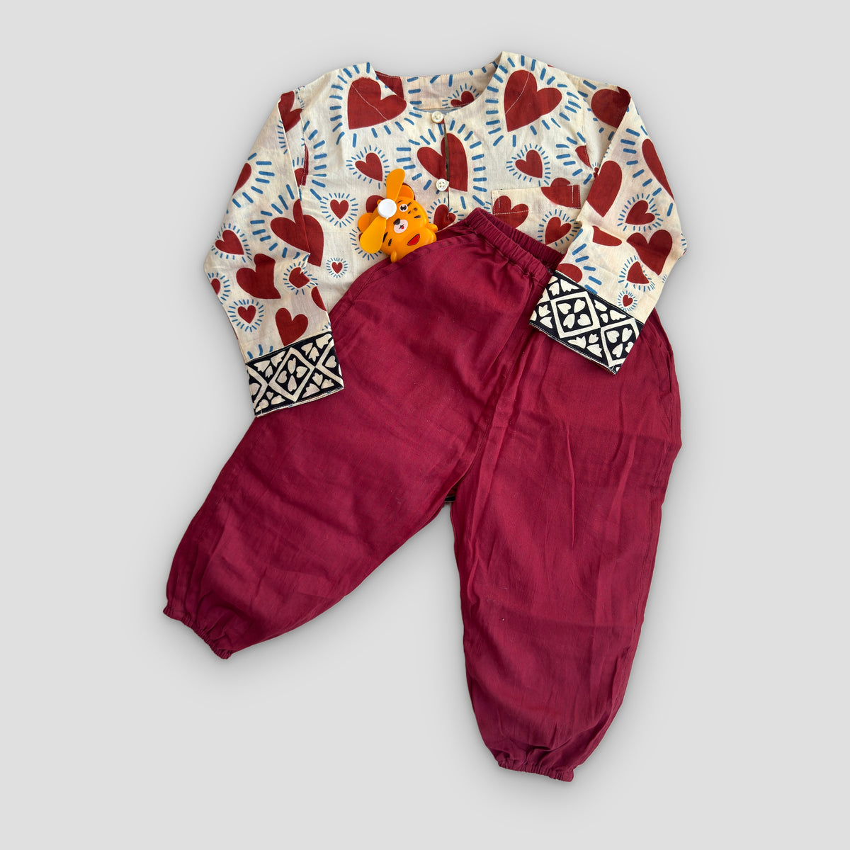 Kids Cotton Kurta Set in Red Heart, real photo: flat lay, angled