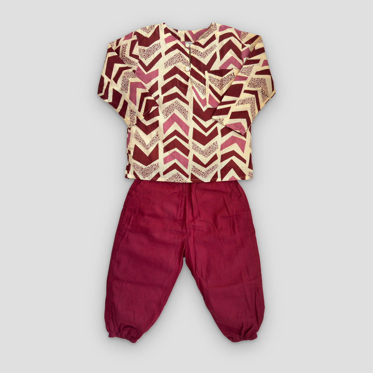 Kids Cotton Kurta Set in Rosewood Chevron, real photo: kurta + maroon pant flat lay