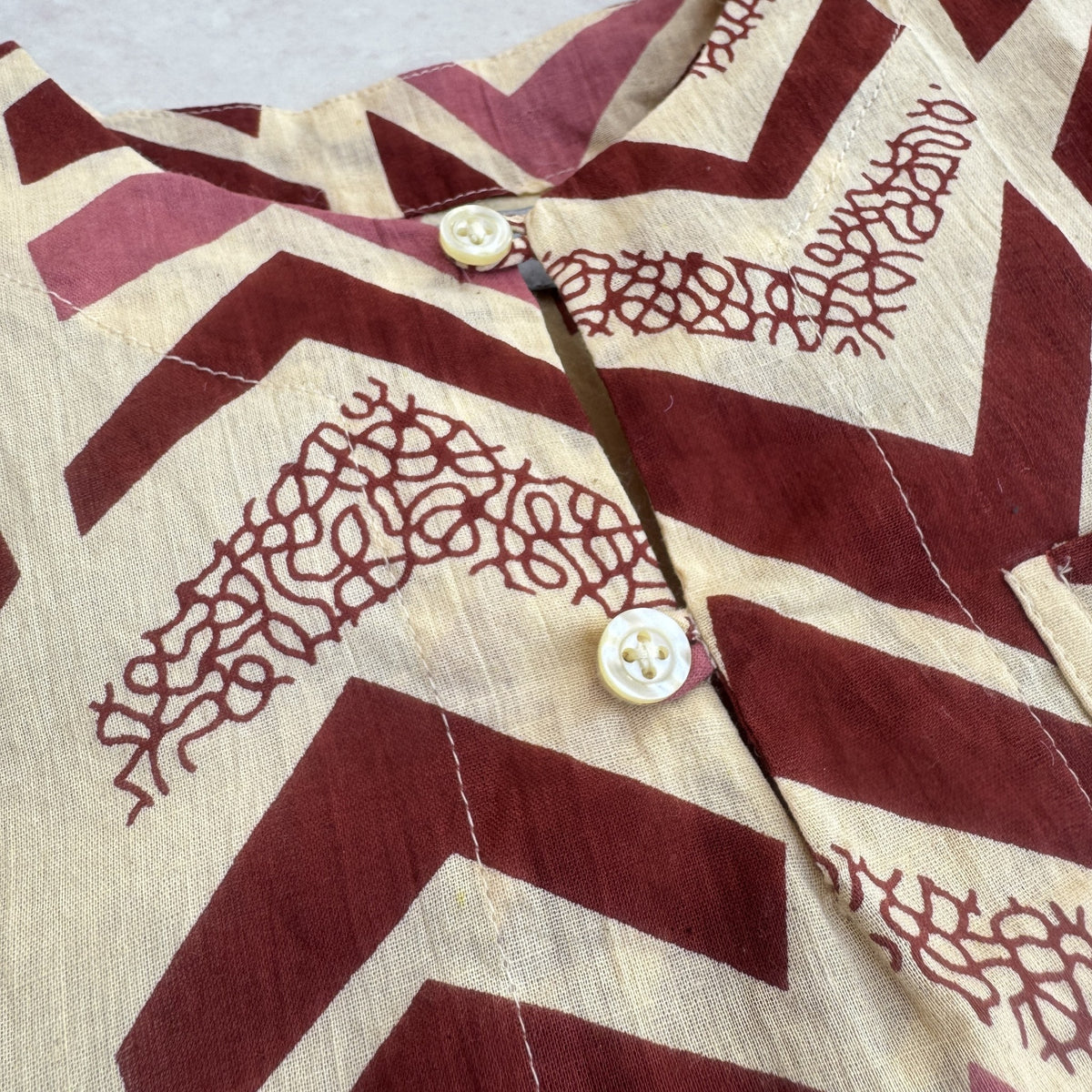 Kids Cotton Kurta Set in Rosewood Chevron, real photo: placket buttons