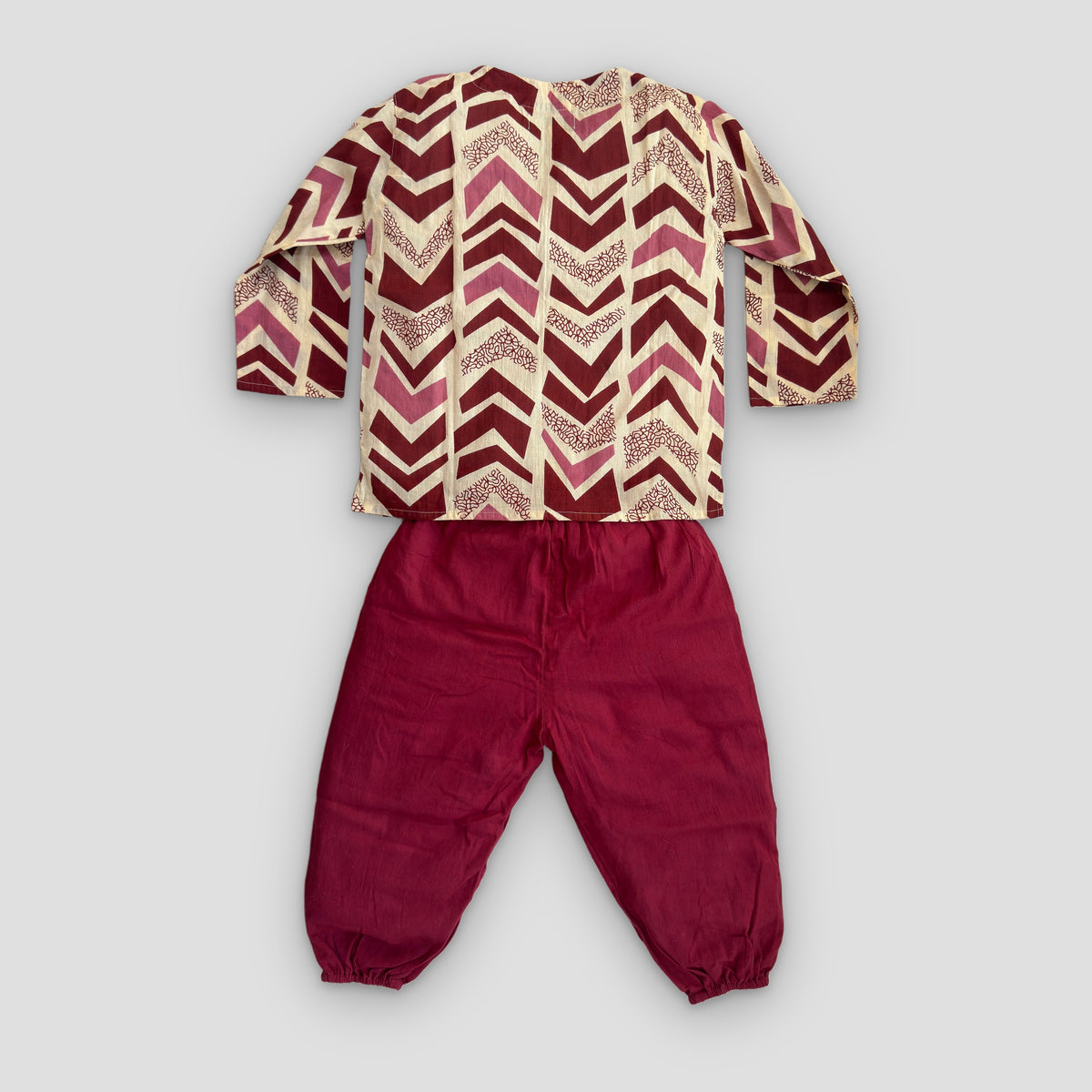 Kids Cotton Kurta Set in Rosewood Chevron, real photo: kurta + maroon pant flat lay