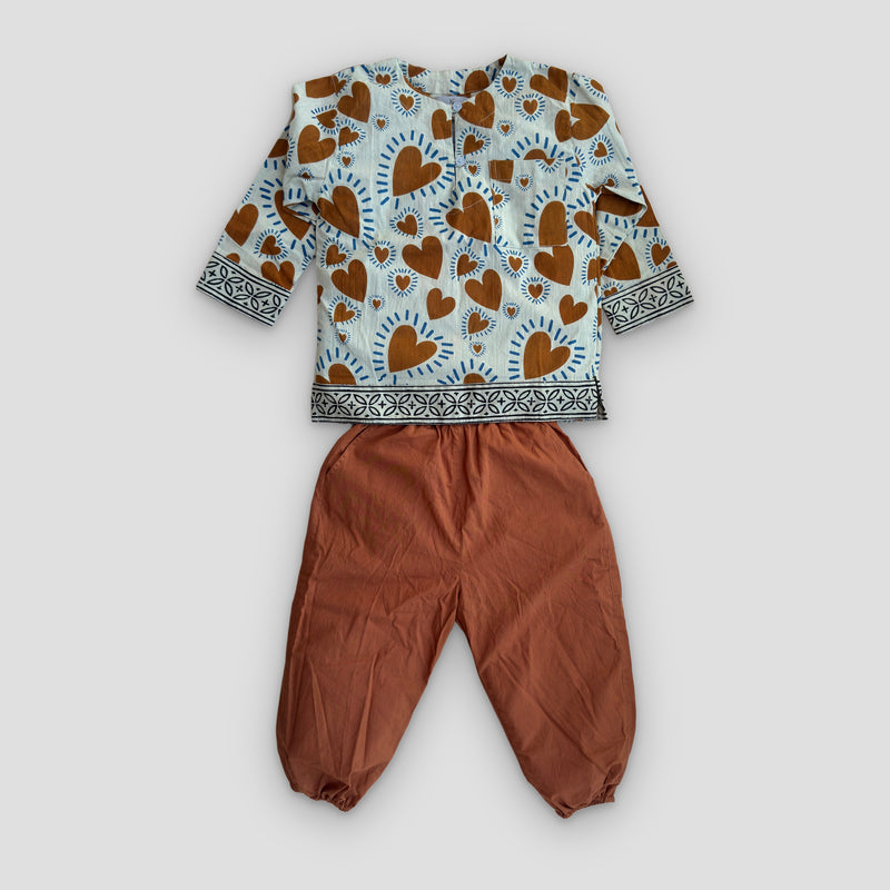 Kids Cotton Kurta Set in Rust Heart, real photo: kurta + rust pant flat lay