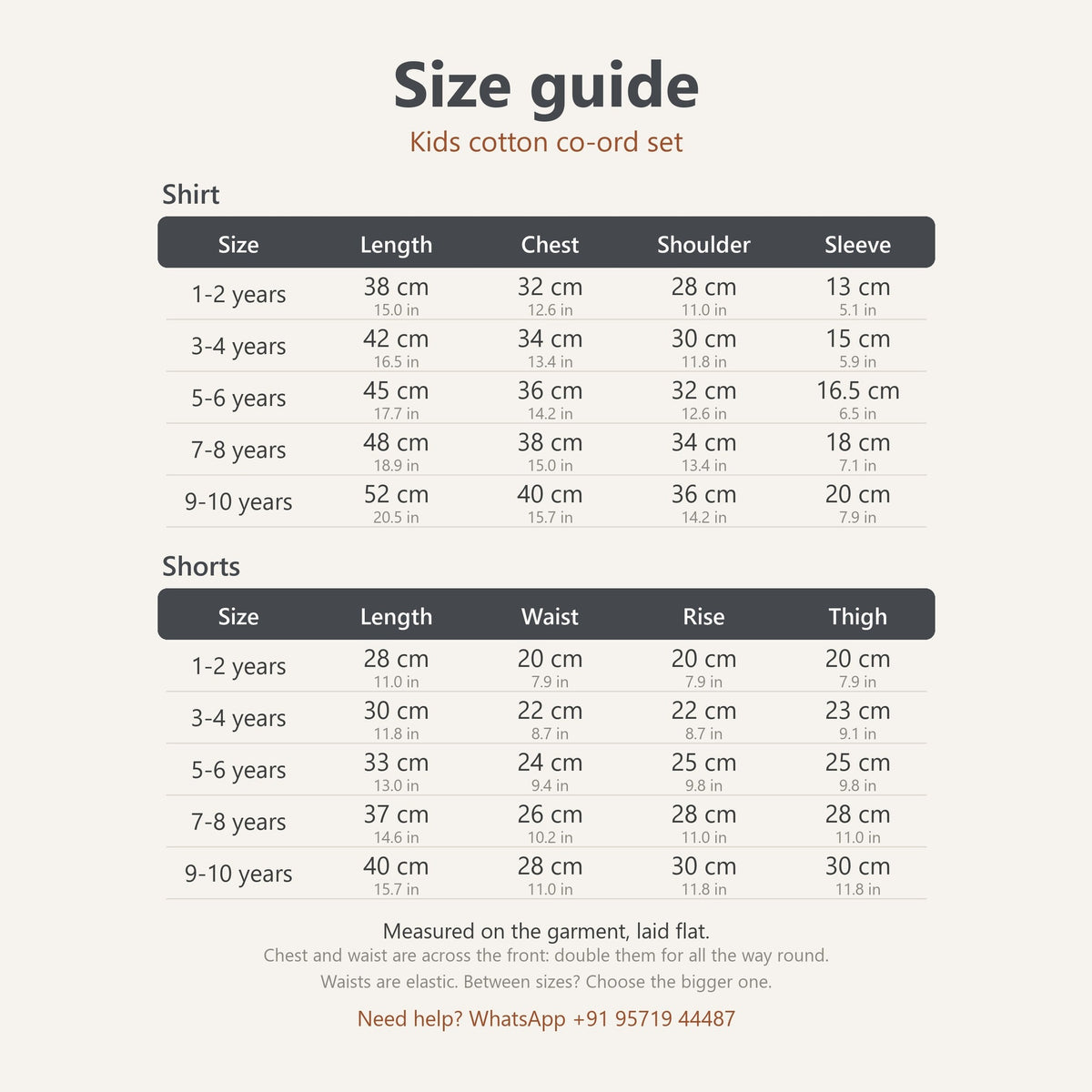 Size guide, kids cotton co-ord set: shirt and shorts measurements in cm and inches, 1-10 years