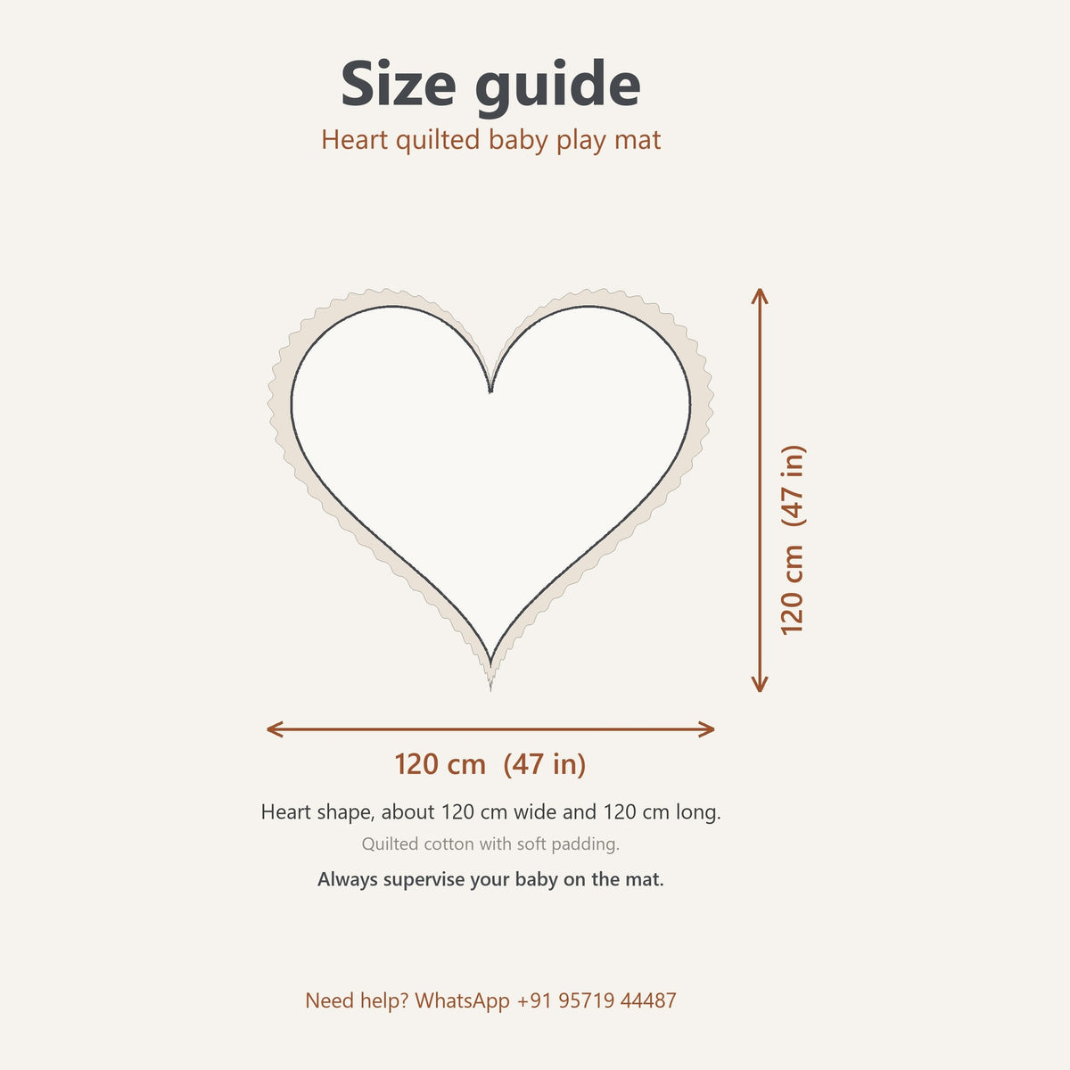 Size guide, heart quilted baby play mat: about 120 cm wide and 120 cm long