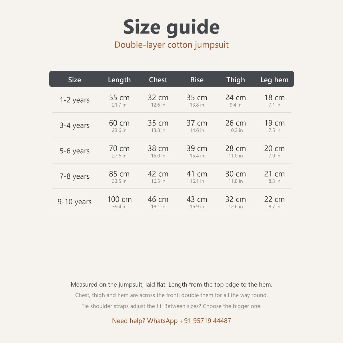 Size guide, double-layer cotton jumpsuit: measurements in cm and inches, 1-10 years