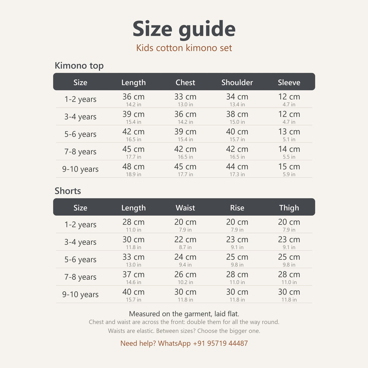 Size guide, kids cotton kimono set: kimono top and shorts measurements in cm and inches, 1-10 years