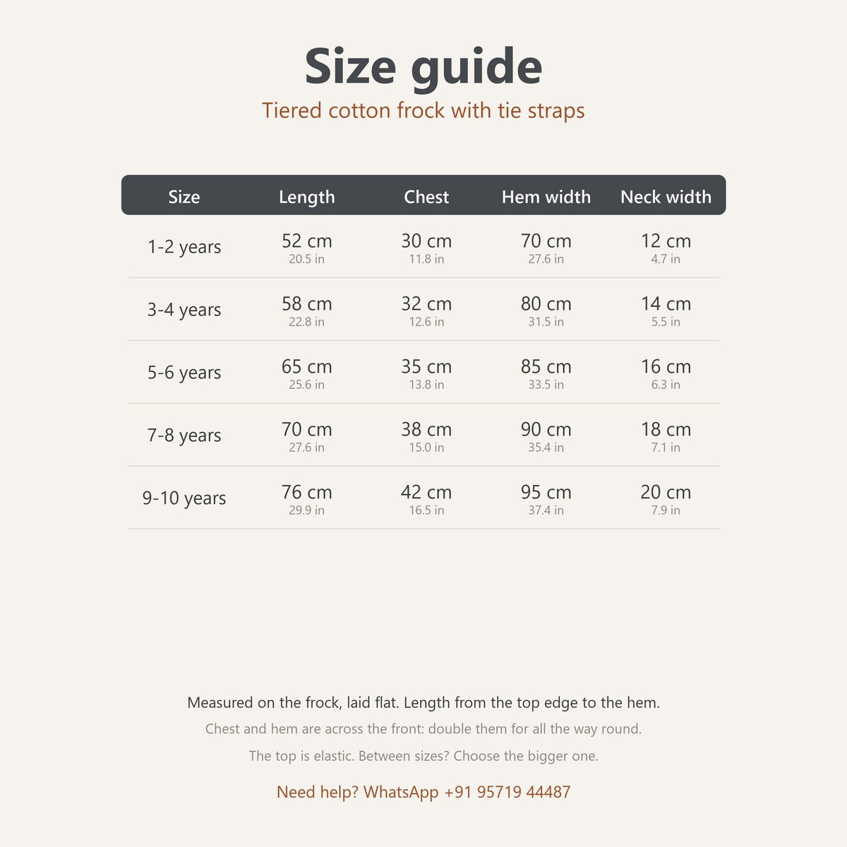 Size guide, tiered cotton frock: measurements in cm and inches, 1-10 years