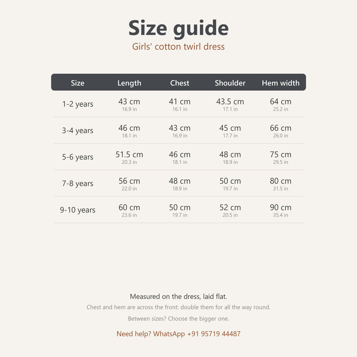 Size guide, girls' cotton twirl dress: length, chest, shoulder and hem width in cm and inches, 1-10 years