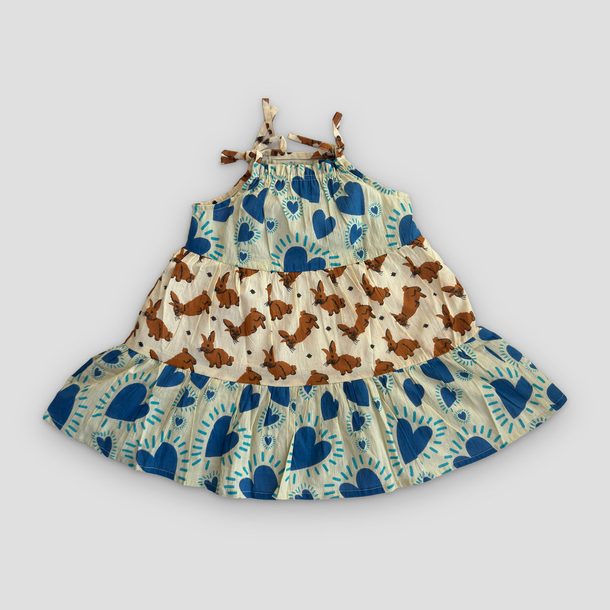 Tiered Cotton Frock in Heart & Bunny, real photo