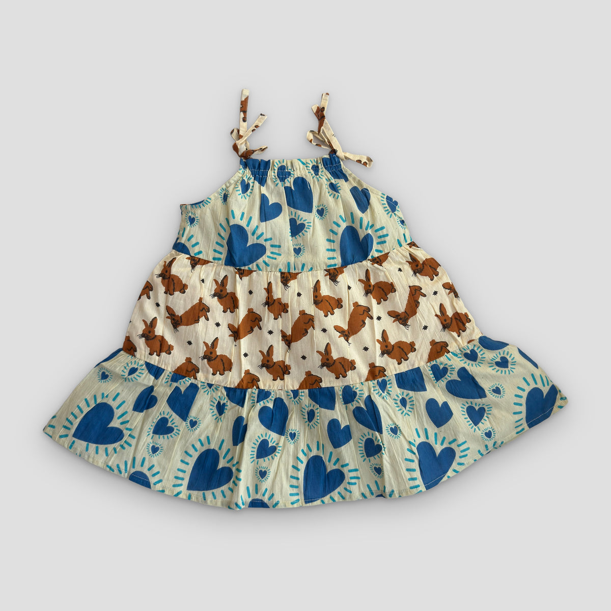 Tiered Cotton Frock in Heart & Bunny, real photo