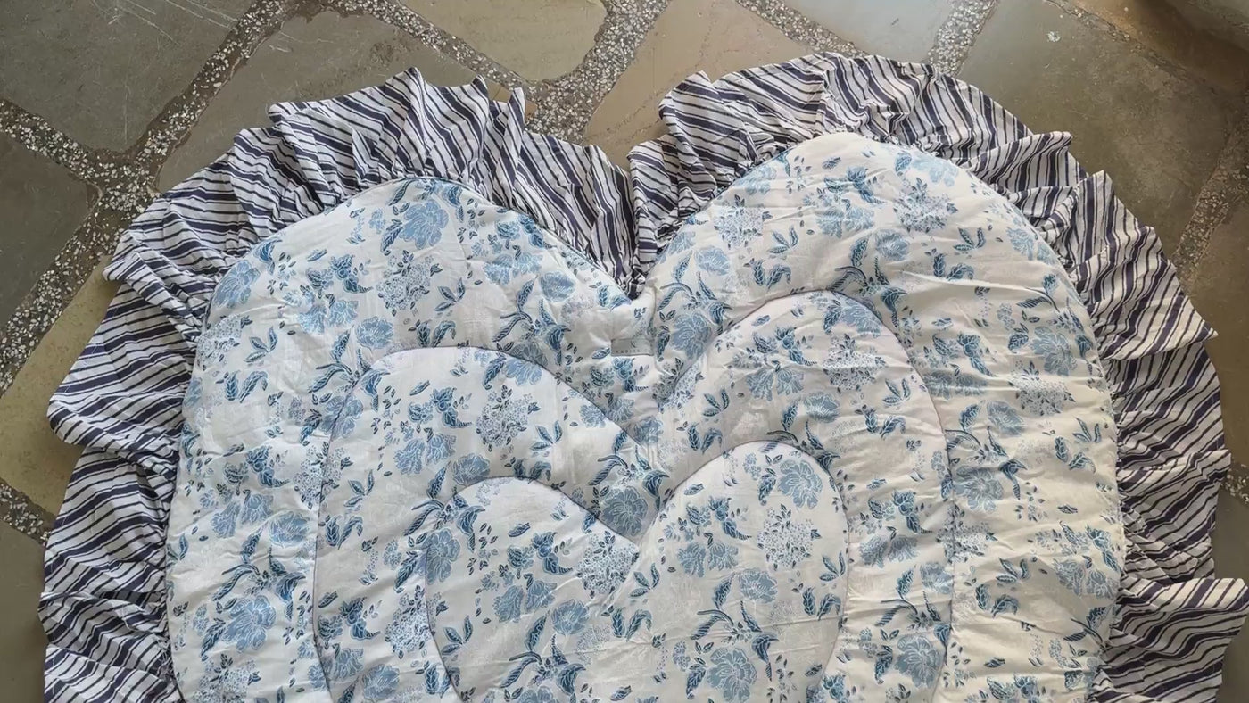 Video of the blue floral toile heart quilted baby mat showing the print, quilting and ruffle