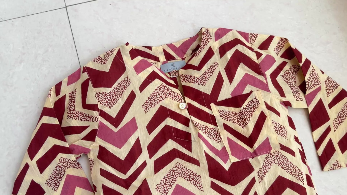 Kids Cotton Kurta Set in Rosewood Chevron, real video